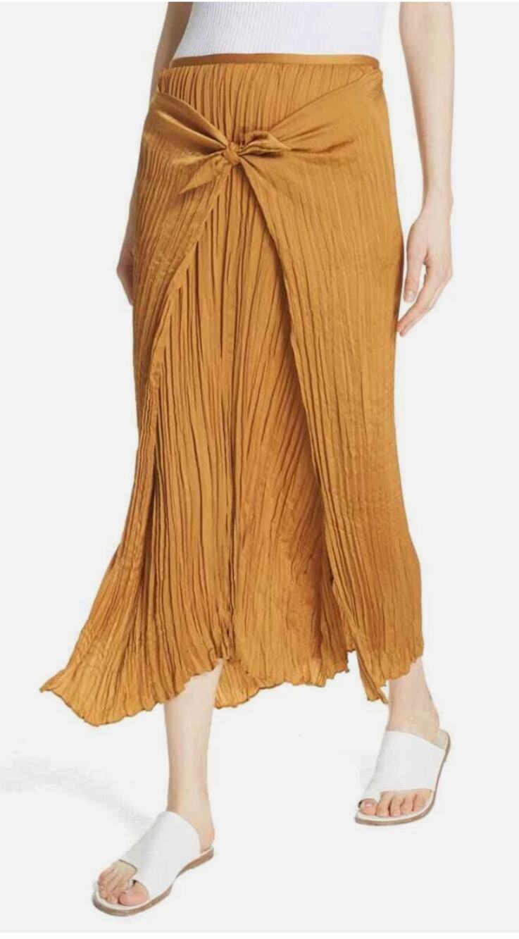 Vince Pleated Tie Front Midi Skirt in Mustard Yellow Gold Size Small